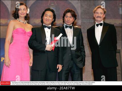 The Grand Prix was presented by Kevin Kline and Ashley Judd to Old Boy by  Park Chan-Wook during the closing ceremony of the 57th edition of the Festival  de Cannes held at the Palais des Festivals in Cannes-France on May 22,  2004. Photo by Hahn