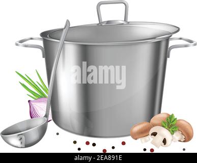 Stainless steel saucepot with ladle and vegetables isolated on white background. Photo-realistic vector illustration. Stock Vector