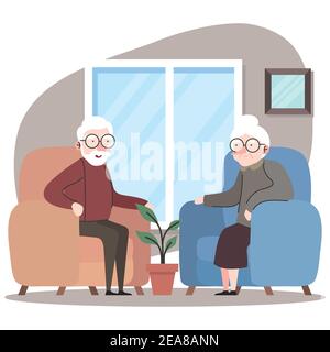 cute grandparents couple seated in sofa characters Stock Vector