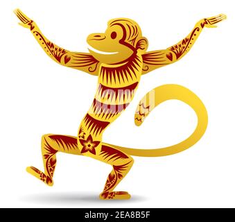 Isolated golden monkey with open arms in Chinese style, representing this Zodiac animal in the Orient culture. Stock Vector