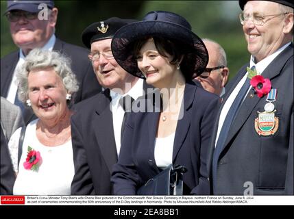 Britain's Prime Minister Tony Blair's wife Cherie Blair pictured in the Commonwealth War Graves Cemetery in Bayeux, northern France on Sunday, June 6, 2004 as part of ceremonies commemorating the 60th anniversary of the D-Day landings in Normandy. Photo by Mousse-Hounsfield-Abd Rabbo-Nebinger/ABACA. Stock Photo