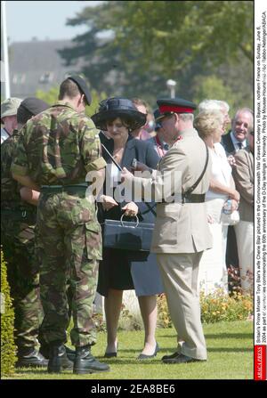 Britain's Prime Minister Tony Blair's wife Cherie Blair pictured in the Commonwealth War Graves Cemetery in Bayeux, northern France on Sunday, June 6, 2004 as part of ceremonies commemorating the 60th anniversary of the D-Day landings in Normandy. Photo by Mousse-Hounsfield-Abd Rabbo-Nebinger/ABACA. Stock Photo