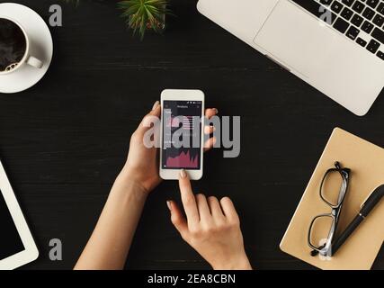 Data Analysis. Unrecognizable businesswoman using smartphone with graphs and diagrams on screen Stock Photo
