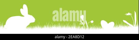 vector panorama illustration for easter time, happy background with green silhouette of a rabbits with eggs , grass, flowers. Spring time backdrop for Stock Vector