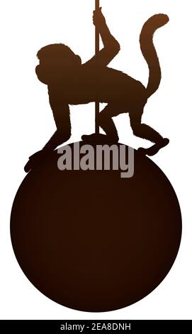 Playful monkey hanging over a round button in silhouettes style, isolated over white background. Stock Vector