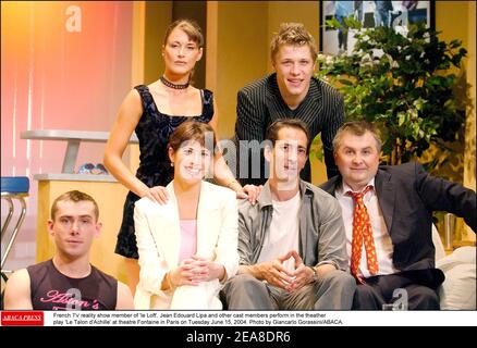 French TV reality show member of 'le Loft', Jean Edouard Lipa and other cast members perform in the theather play 'Le Talon d'Achille' at theatre Fontaine in Paris on Tuesday June 15, 2004. Photo by Giancarlo Gorassini/ABACA. Stock Photo