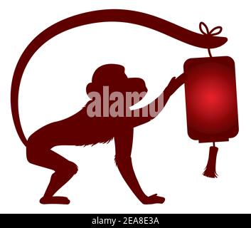 Isolated design with Chinese lantern hanging in a monkey's tail in silhouettes style. Stock Vector