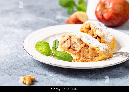 homemade flavored apple strudel in a plate on a gray concrete background with space for text, Stock Photo