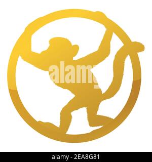 Isolated golden design with tailed monkey hanging in a ring over white background. Stock Vector