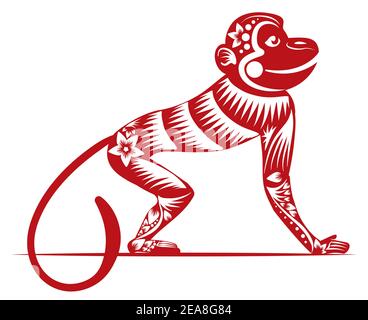 Monkey of Chinese Zodiac in red color, decorated with flowers and petals, isolated over white background. Stock Vector