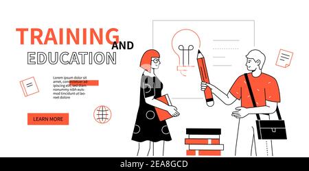 Training and education - line design style web banner on white background with copy space for text. An illustration with happy students, teenagers. Bo Stock Vector