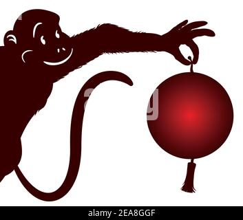 Silhouette of a careful monkey holding a Chinese lantern with fringes for Chinese New Year. Stock Vector
