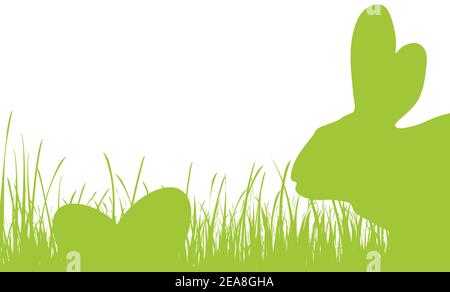vector panorama illustration for easter time, happy background with green silhouette of a rabbits with eggs , grass, flowers. Spring time backdrop for Stock Vector
