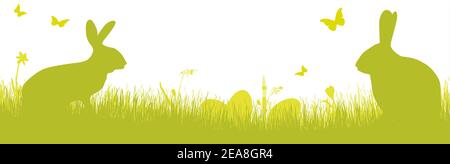 vector panorama illustration for easter time, happy background with green silhouette of a rabbits with eggs , grass, flowers. Spring time backdrop for Stock Vector