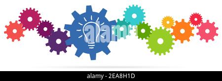 eps vector illustration of colored gears symbolizing cooperation or teamwork process with glowing light bulb for great solution idea Stock Vector