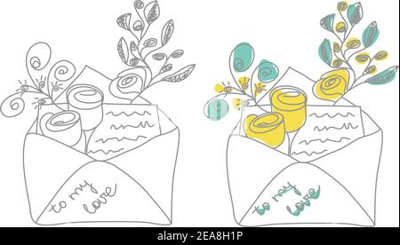 Abstract composition with flowers in envelope drawing in minimal outline style. Graphic Elements in Ultimate Gray and Illuminating Stock Vector