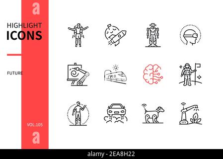 Future - modern line design style icons set. Technology and science idea. Jetman, space exploration, robot, virtual reality, AI art, artificial intell Stock Vector
