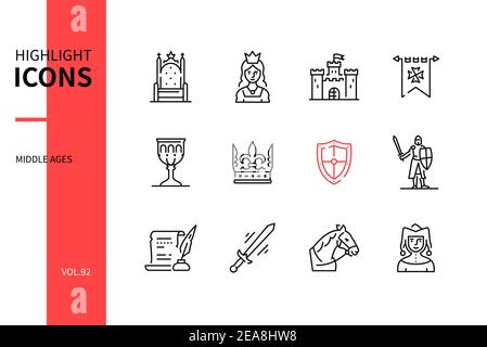 Middle ages - modern line design style icons set. Culture in medieval period, signs and symbols, history idea. Throne, princess, castle, flag, cup, cr Stock Vector