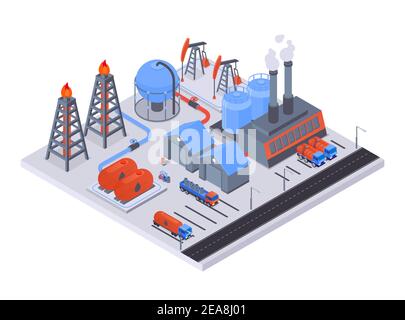 Oil industry - modern vector colorful isometric illustration. Images of industrial buildings, plant, pipes, fuel storage tanks and pumps. Producing an Stock Vector
