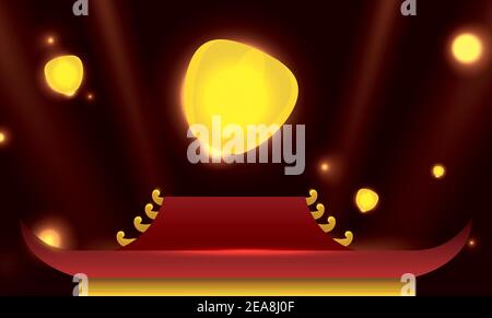 Glowing sky lanterns -or fire balloons- floating over Asian roof in a beautiful and special night. Stock Vector