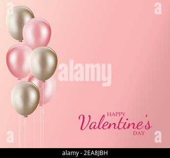 Happy valentines day pink background with pink and golden balloons vector illustration. Valentine's day with copy space background. Stock Vector