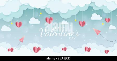 Pink hearts hanging in the sky. Happy valentines day background with Hearts, Stars, Clouds, Plane, Stars vector illustration, banner, wallpaper design Stock Vector