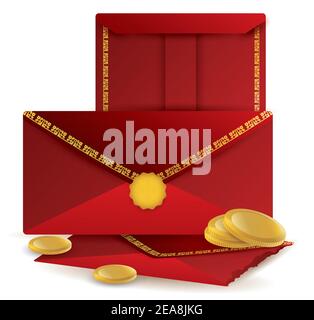 Scene with red envelopes decorated with patterns and golden coins isolated over white background, to celebrate Chinese New Year. Stock Vector