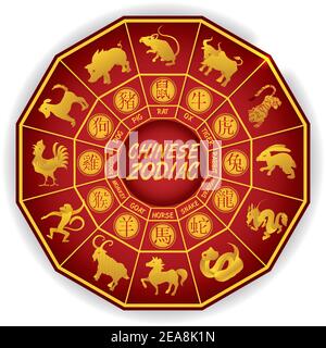 Red and golden dodecahedron shape with golden Chinese Zodiac animals and its respective symbols written in Chinese calligraphy. Stock Vector