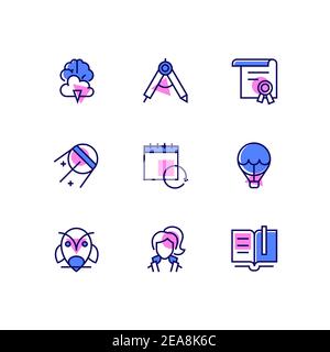 Education - modern line design style icons set. Learning, educational courses concept. Brainstorming, school supplies and tools, degree, discover, exp Stock Vector