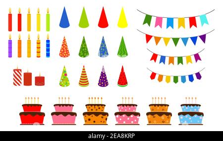Set of vector birthday party elements. Decorative flags, candles and ornate cake different colors isolated on white. Stock Vector