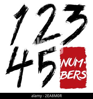 Hand drawn set of numbers in brushstroke style in black paint, from 1 to 5. Isolated over white background. Stock Vector