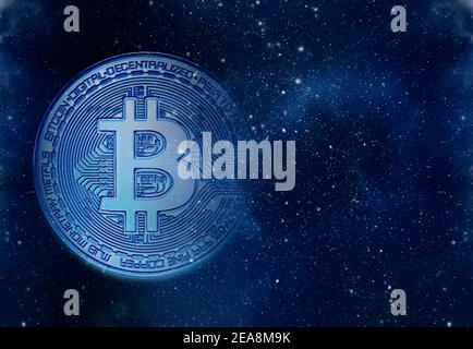 Bitcoin symbol, digital money on starry sky, concept picture about cryptocurrency business in the World Stock Photo
