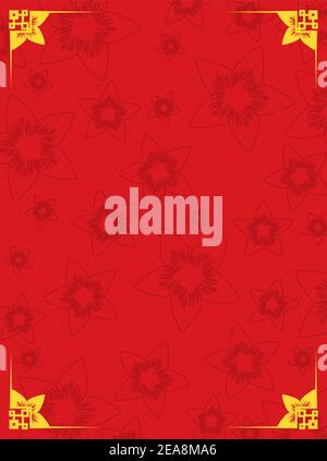 Red design decorated with cherry flowers pattern in the background and Chinese frame design with some petals. Stock Vector