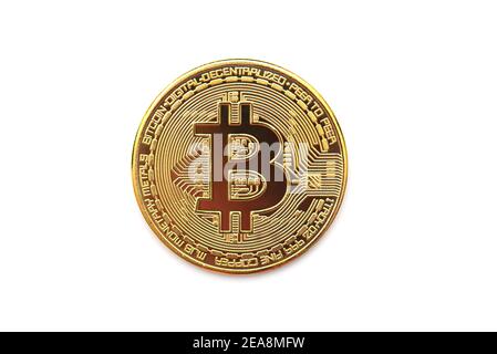 Golden Bitcoin symbol, round coin as cryptocurrency, digital money, isolated on white Stock Photo