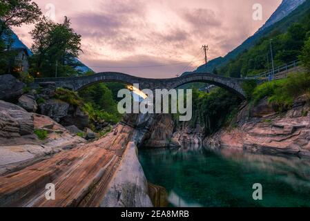 Double arch stone bridge in Lavertezzo, Switzerland Stock Photo