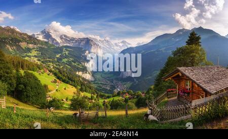 Lauterbrunnen valley in the Swiss Alps viewed from the alpine village of Wengen Stock Photo