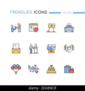 Wedding - modern line design style icons set. Love, marriage and relationships idea. Engagement, car, champagne, honeymoon, groom and bride, presents, Stock Vector