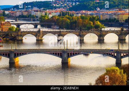 Vltava river with historic bridges in Prague Stock Photo