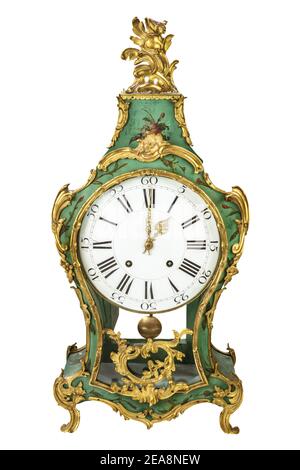 Authentic eighteenth century green table clock isolated on a white background Stock Photo