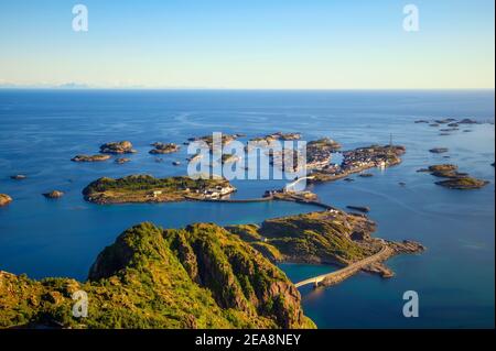 Village of Henningsvaer seen from mount Festvagtinden on Lofoten islands, Norway