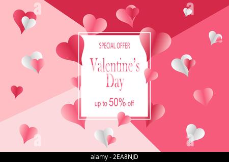 Valentines day holiday concept template for promotion with paper hearts and space for text. Vector illustration in flat style Stock Vector