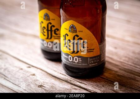 A close up of the labels of Leffe zero alcohol beer bottles, alcohol free drinks Stock Photo