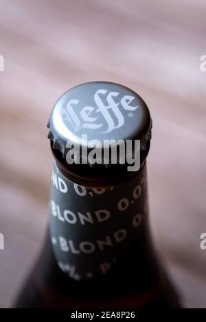 A close of the bottle cap of Leffe zero alcohol beer, alcohol free beer Stock Photo