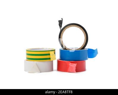 stack multicolored rubber insulating tape, skeins isolated on white background Stock Photo