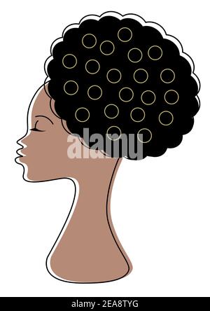 Proud beautiful black woman, african american. Female profile. Frizzy black hair with golden earrings. Illustration isolated on white. Stock Photo