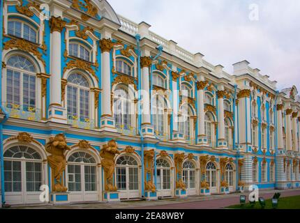 The Catherine Palace is a Rococo palace in Tsarskoye Selo south of St. Petersburg, Russia. It was the summer residence of the Russian tsars. Stock Photo
