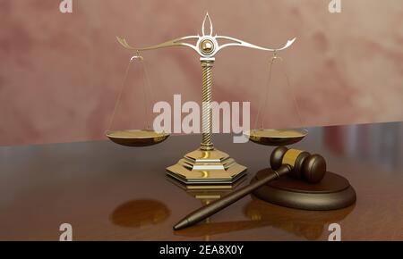 Judge gavel and scales closeup. 3D render Stock Photo