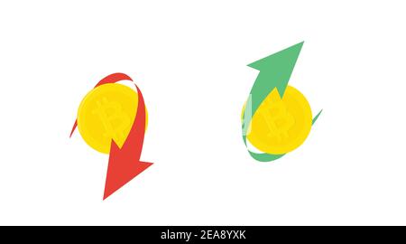 Vector Isolated Illustration of Bitcoins with Green and Red Arrows. Bitcoin Trading Icon Set Stock Vector