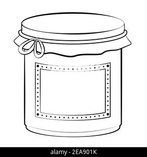 Jam jar screw glass with blank label, outline comic style illustration on white background, to be colored. Stock Photo