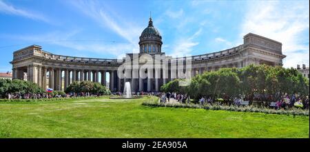 Saint Petersburg, Russia - June 12, 2019: Panoramic view of  Kazan (Kazansky) Cathedral or Cathedral of Our Lady of Kazan in historic center of St. Pe Stock Photo